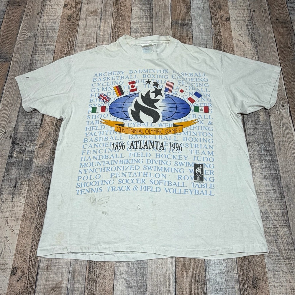 Vintage 1996 Atlanta Olympics Centennial White Shirt Single Stitch‎ Men's XL